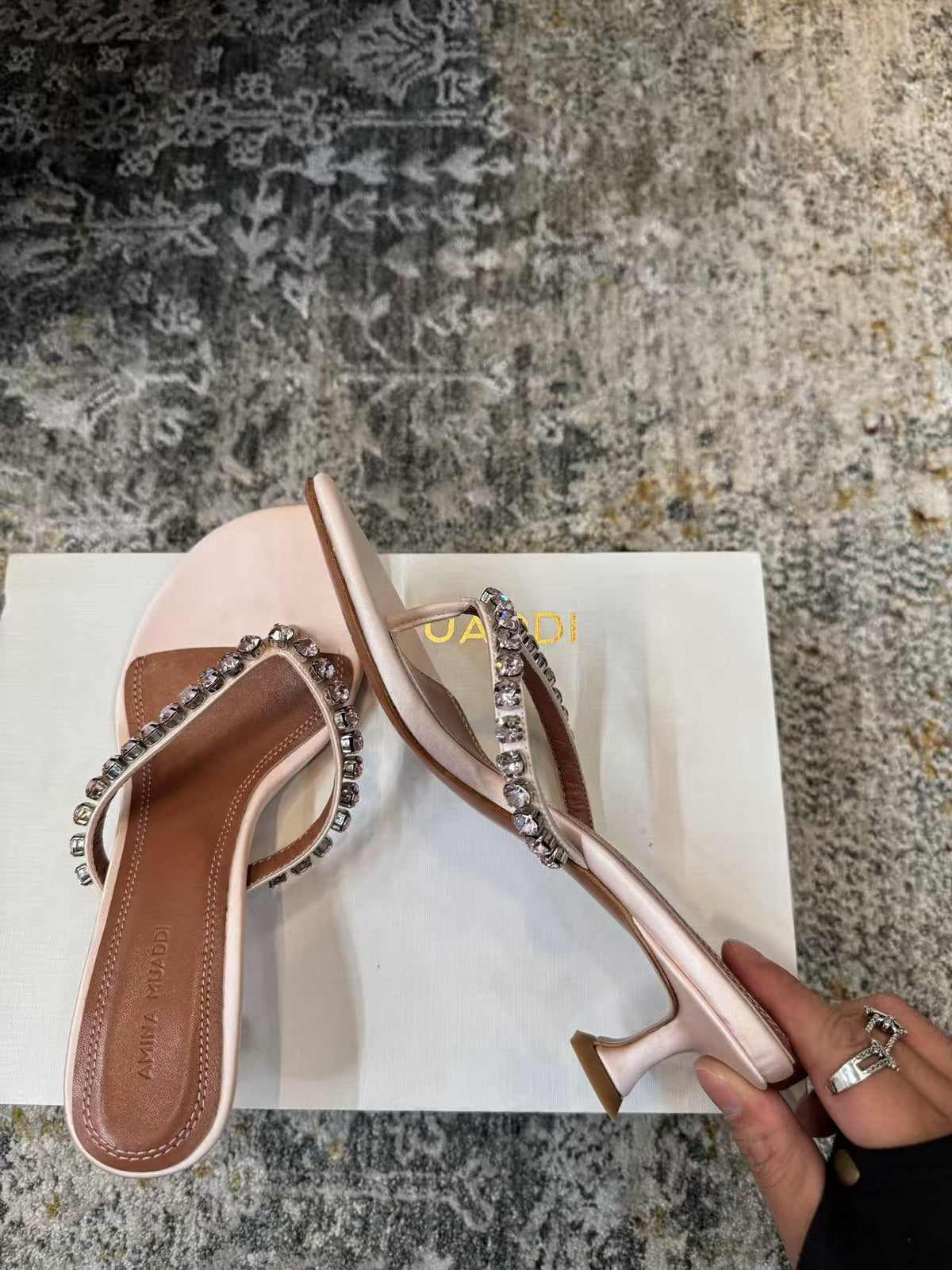 Amina Muaddi 26s Gigi Thong Sandals Satin Crystal White
