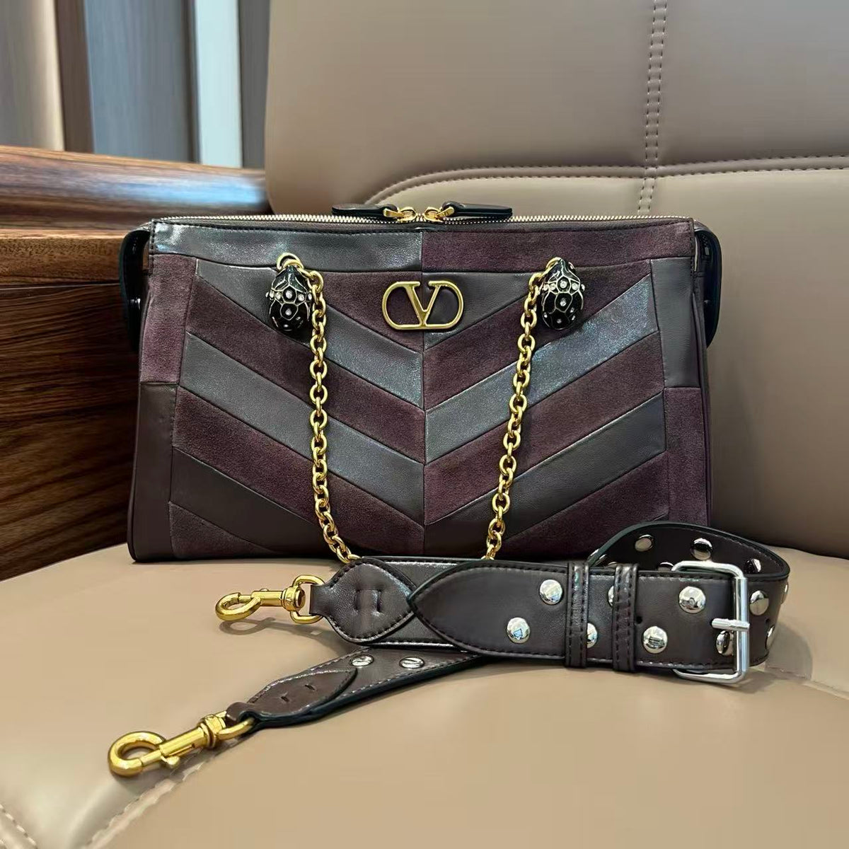 Valentino Garavani Panthea Medium Shoulder Bag Dark Brown Premium Suede and Nappa 2026899