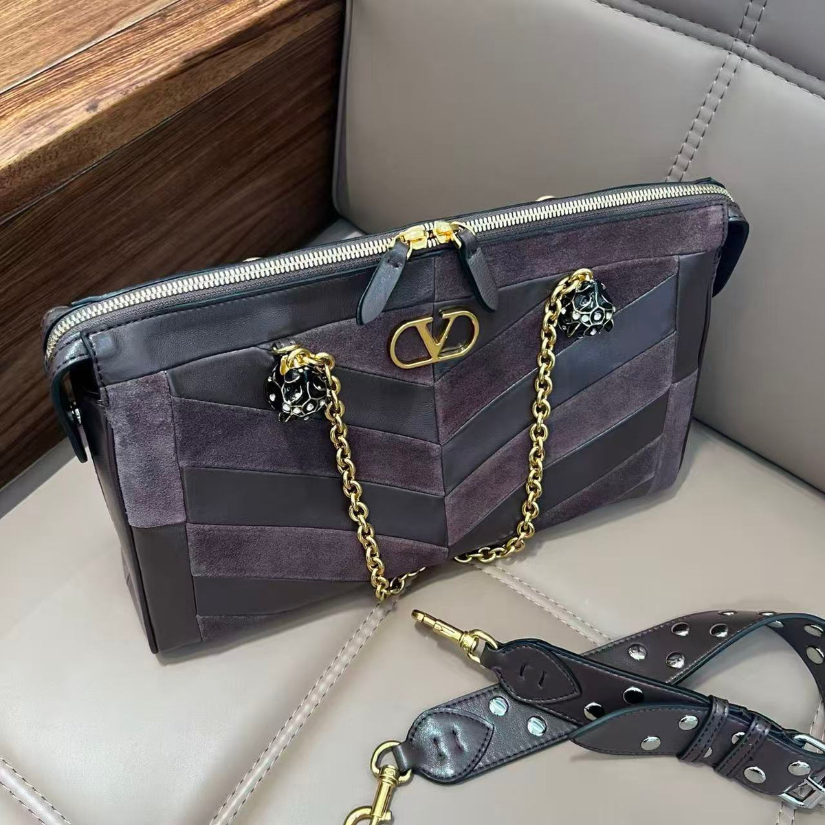 Valentino Garavani Panthea Medium Shoulder Bag Dark Brown Premium Suede and Nappa 2026899
