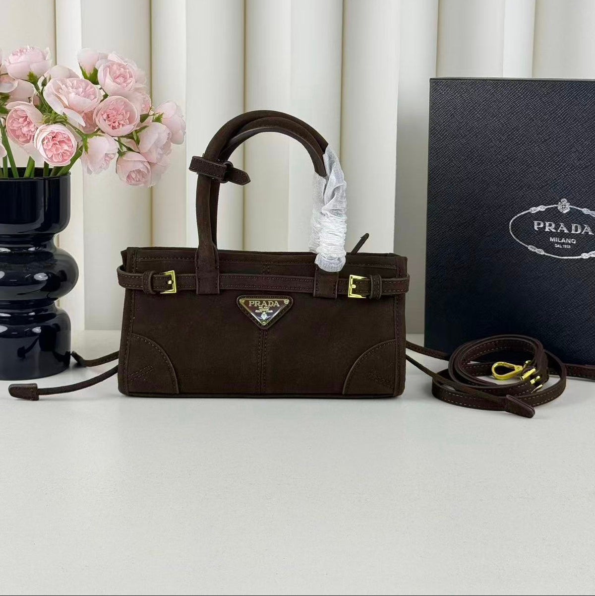 Prada 2026 Bonnie Mini Handbag 24cm Dark Brown Suede