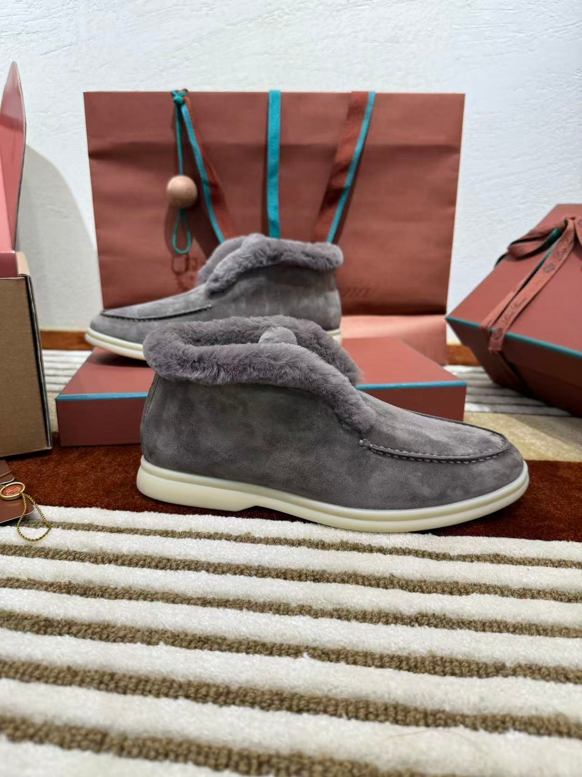 Loro Piana 2026 Gray Suede Fur-Lined Low Boot Walk Shoes