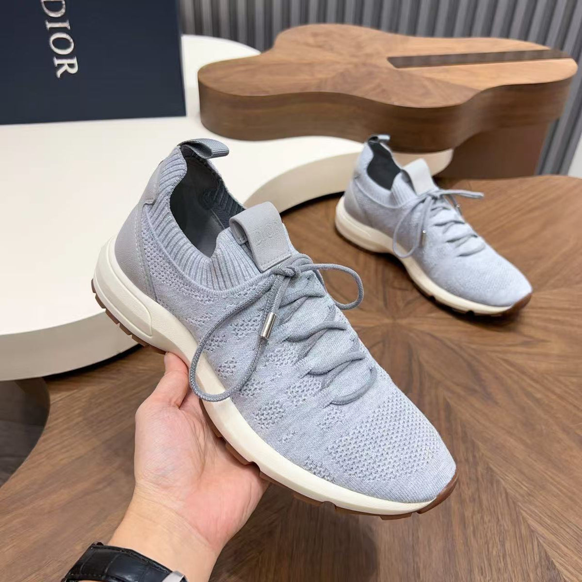 Dior 26s Knit Sneakers Sock Runner Light Gray Cream