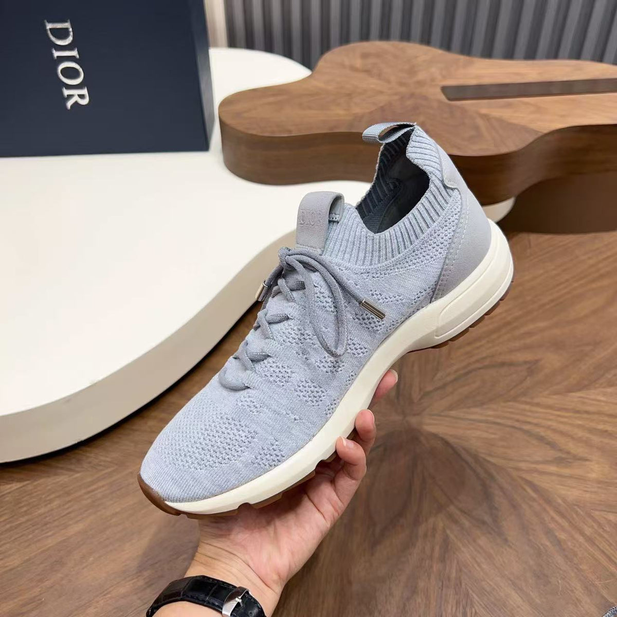 Dior 26s Knit Sneakers Sock Runner Light Gray Cream