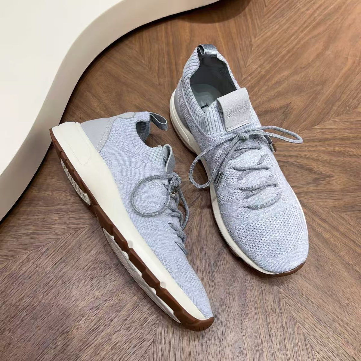 Dior 26s Knit Sneakers Sock Runner Light Gray Cream