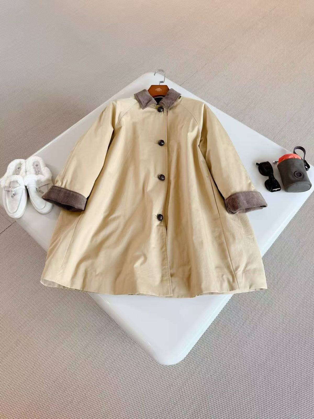 The Row 26s Corduroy Collar Single Breasted Car Coat Beige Brown Cotton 219517