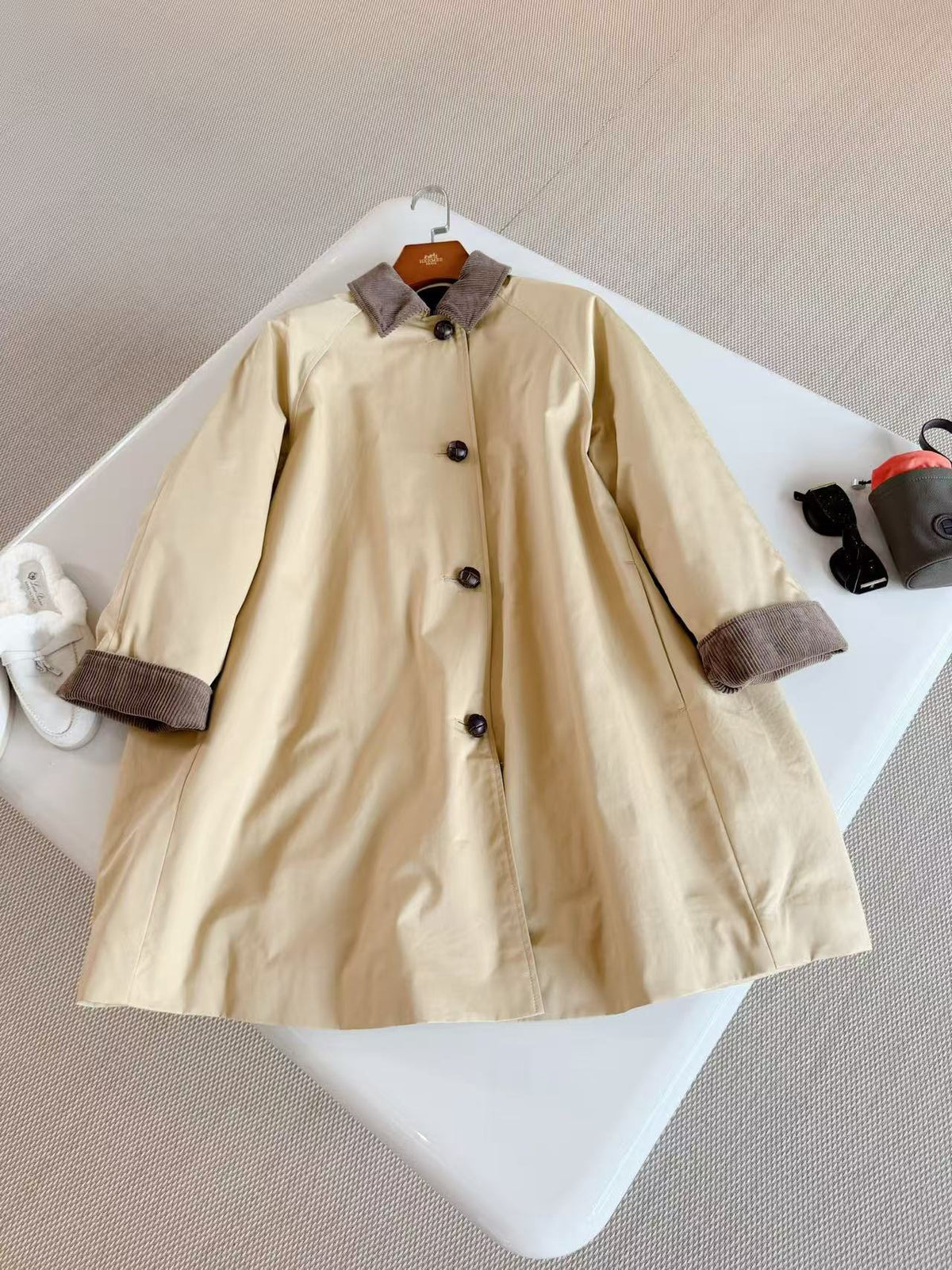 The Row 26s Corduroy Collar Single Breasted Car Coat Beige Brown Cotton 219517