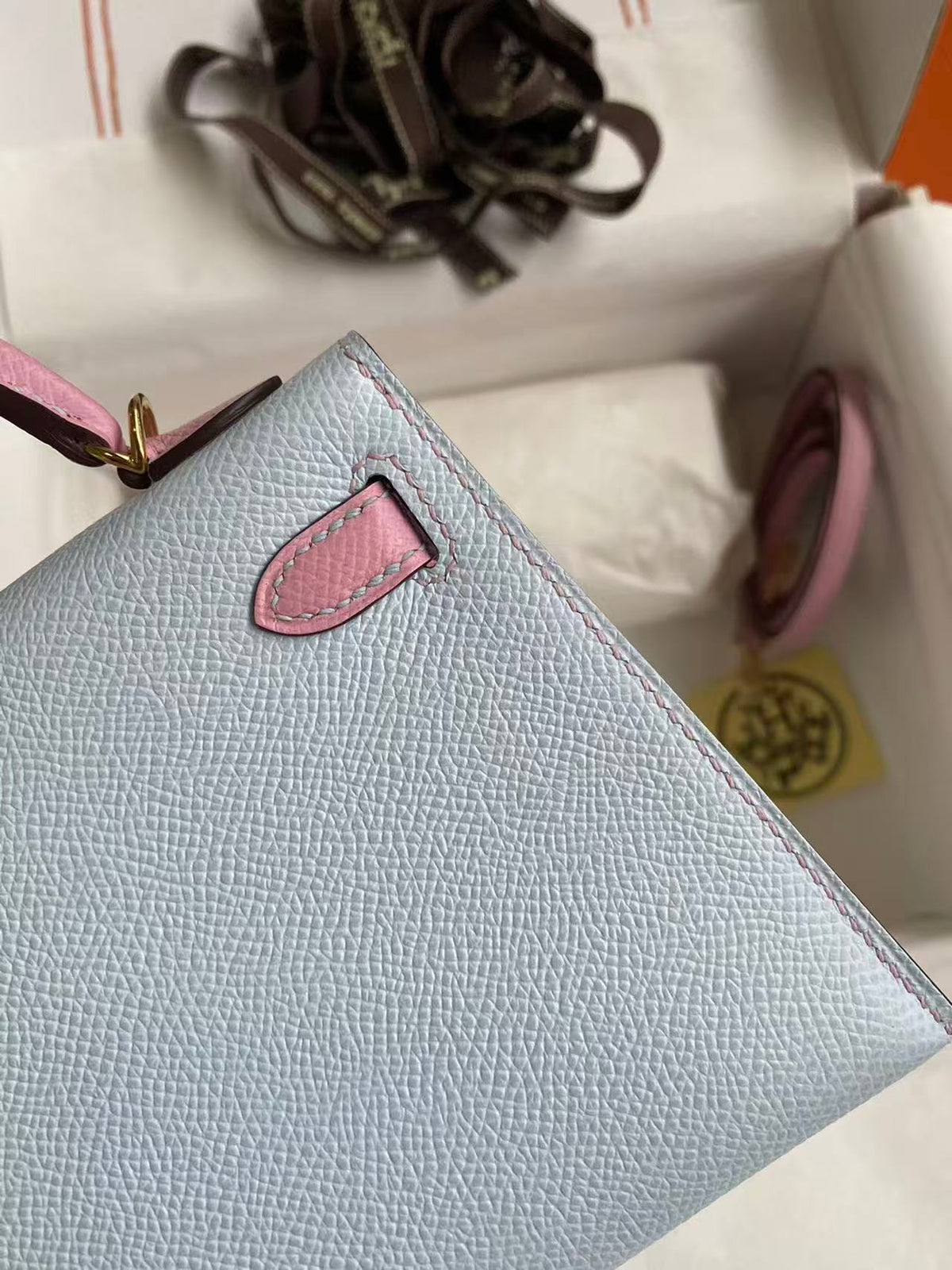 High-end Hermes 2026 Mini Kelly II 19cm Bag Blue Brume Mauve Sylvester Epsom Leather