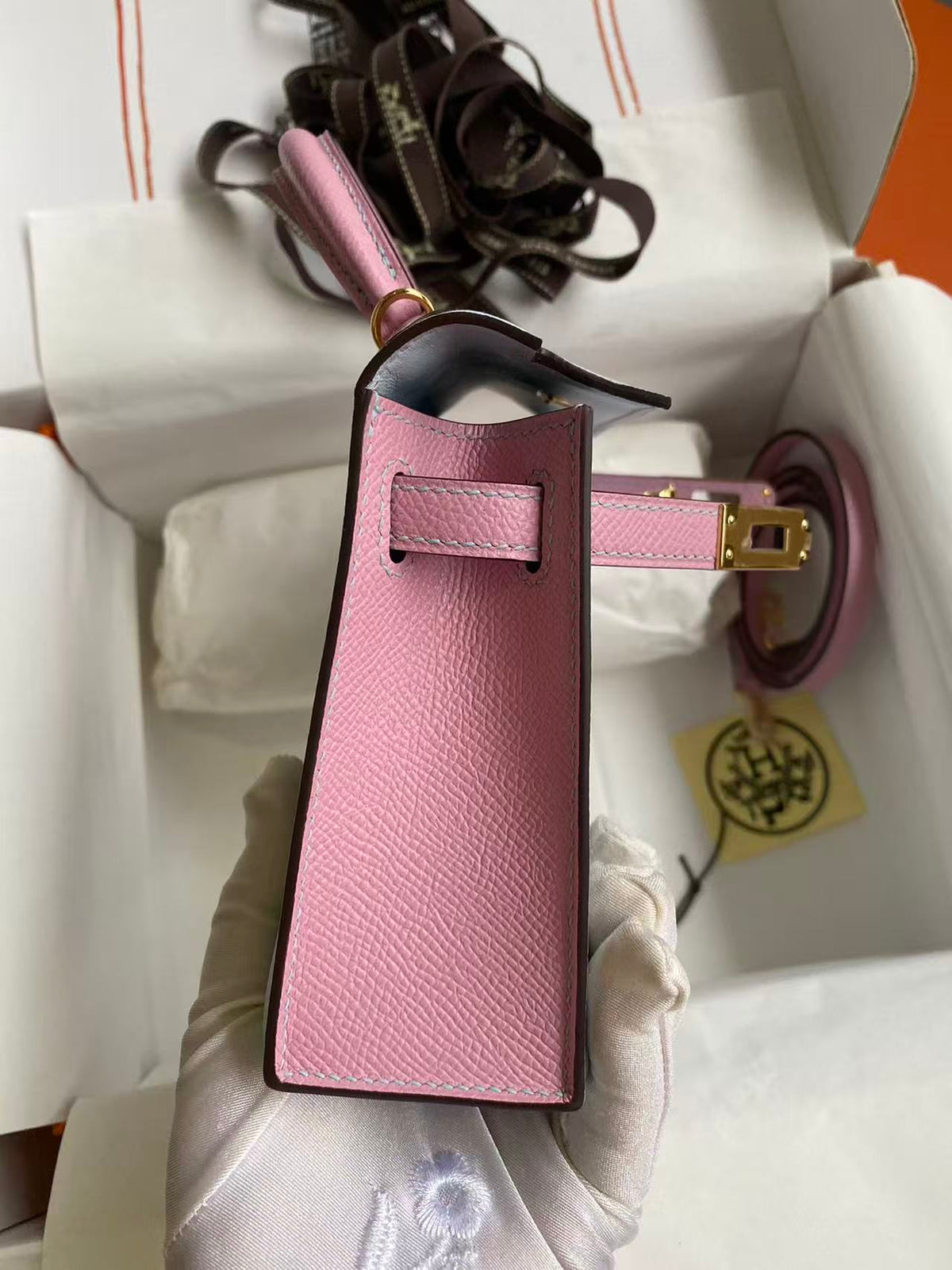 High-end Hermes 2026 Mini Kelly II 19cm Bag Blue Brume Mauve Sylvester Epsom Leather