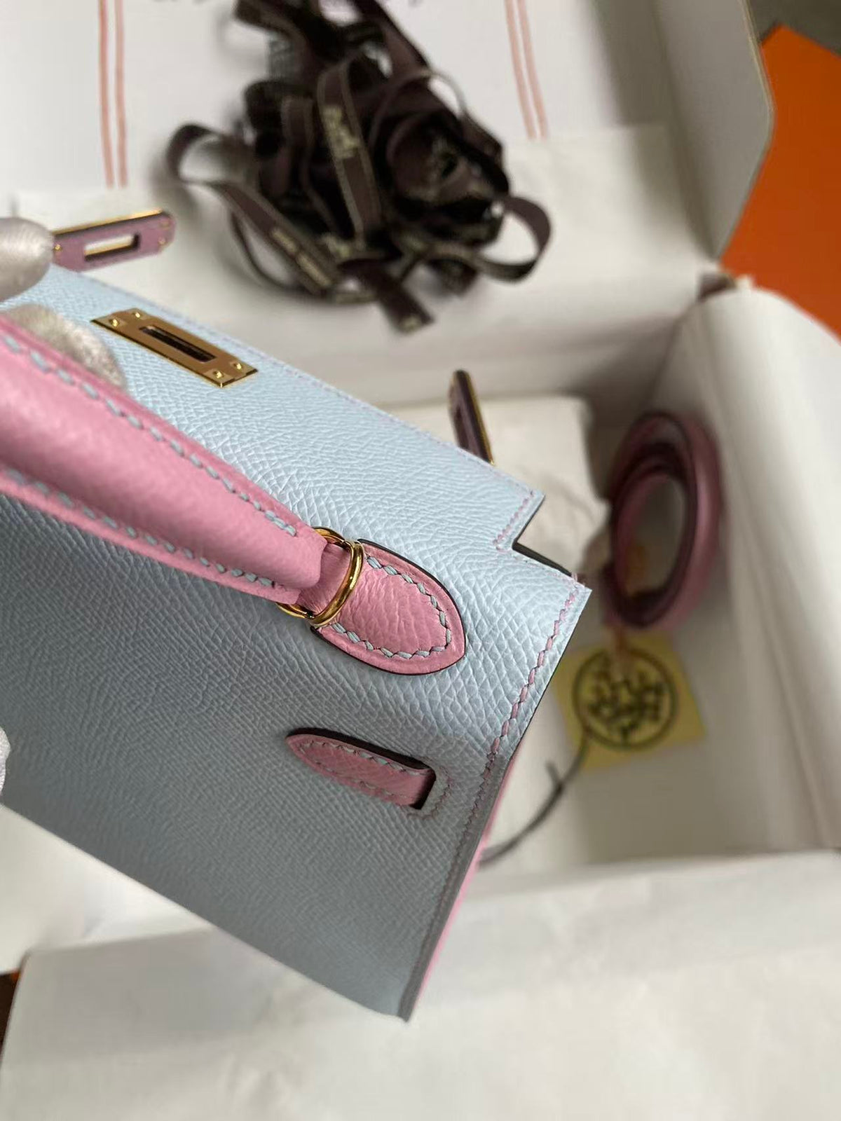 High-end Hermes 2026 Mini Kelly II 19cm Bag Blue Brume Mauve Sylvester Epsom Leather