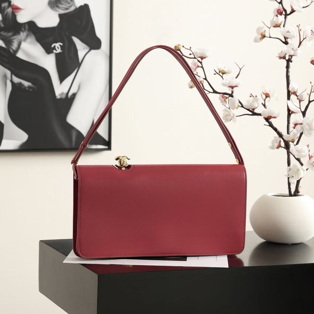 Chanel 2026 Shiny Lambskin Clutch 27cm Dark Red Leather