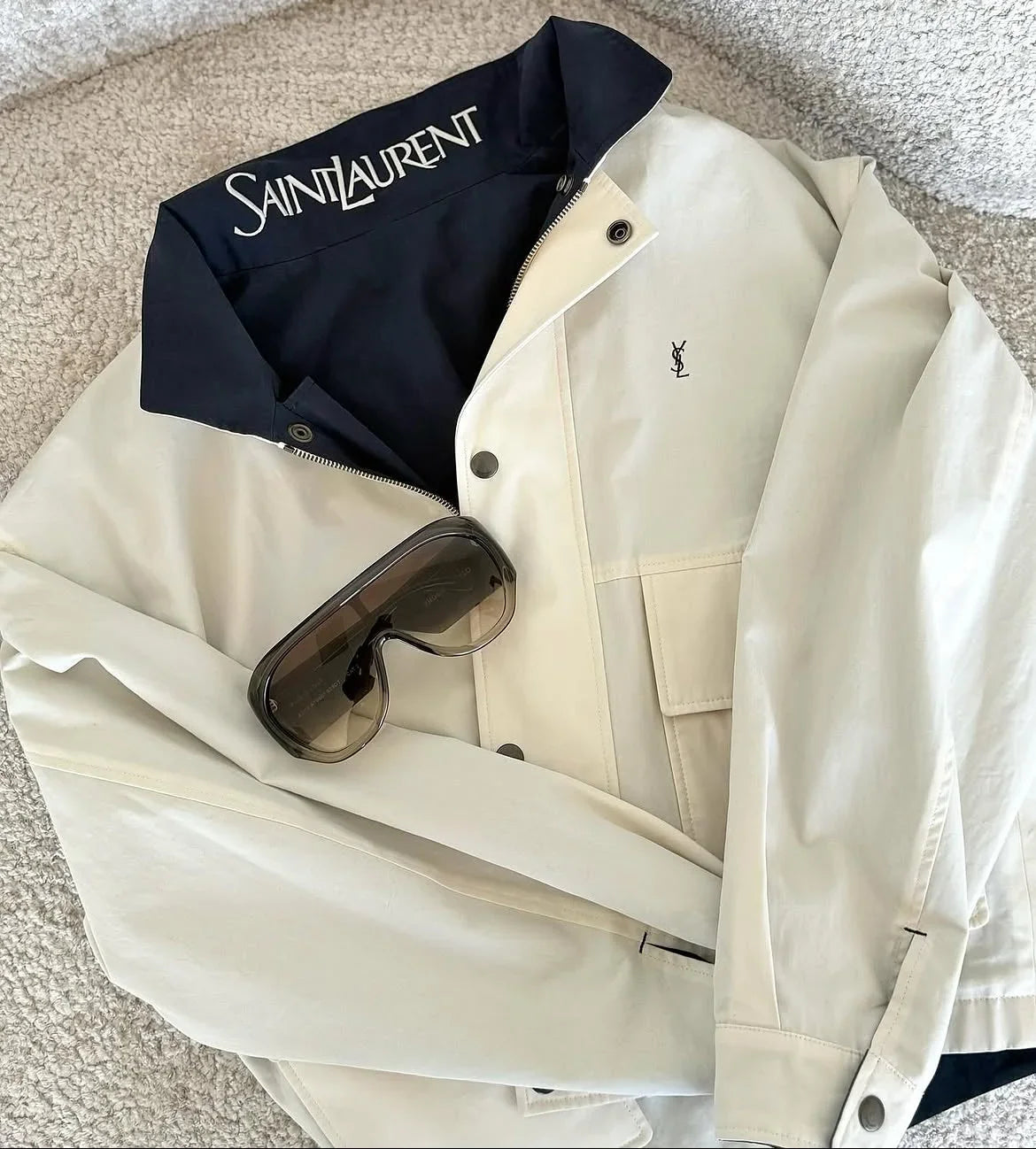 YSL 2026 Cassandre Reversible Jacket White Mix Navy Blue Cotton