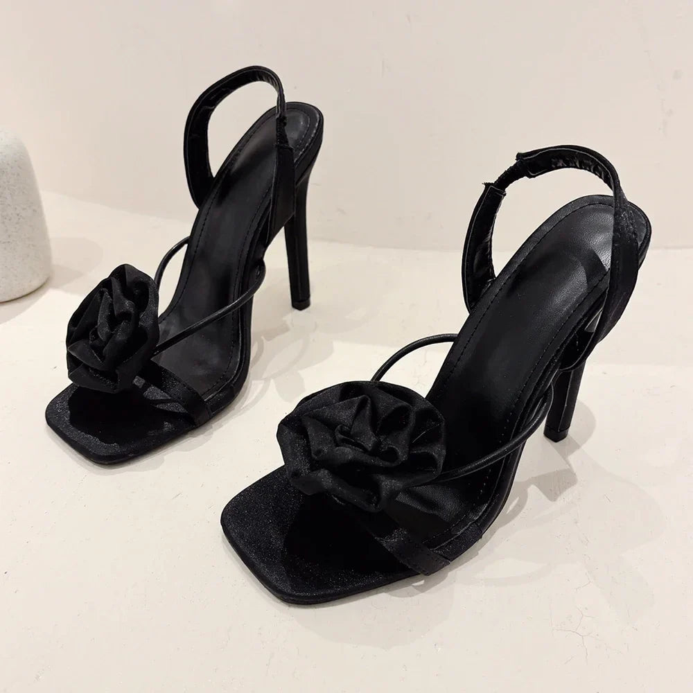 Aneikeh Rose Silk Flower Heels - Open Toe Wedding Sandals