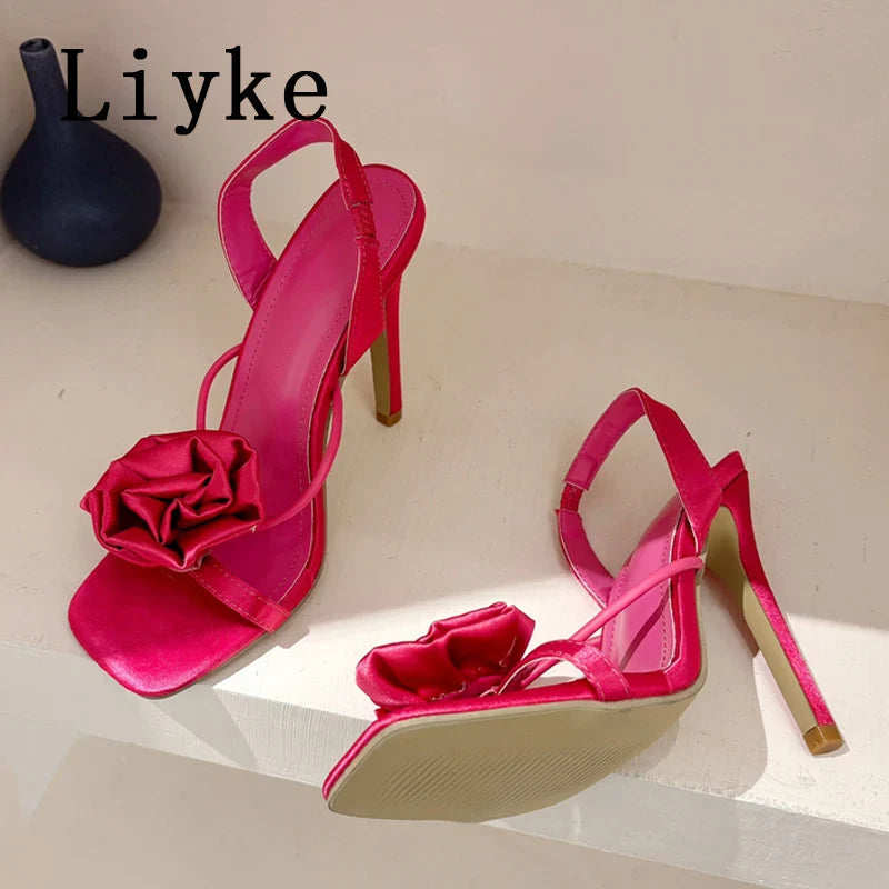 Liyke Square Toe Rose Slip-On Heels - Women's Sandals