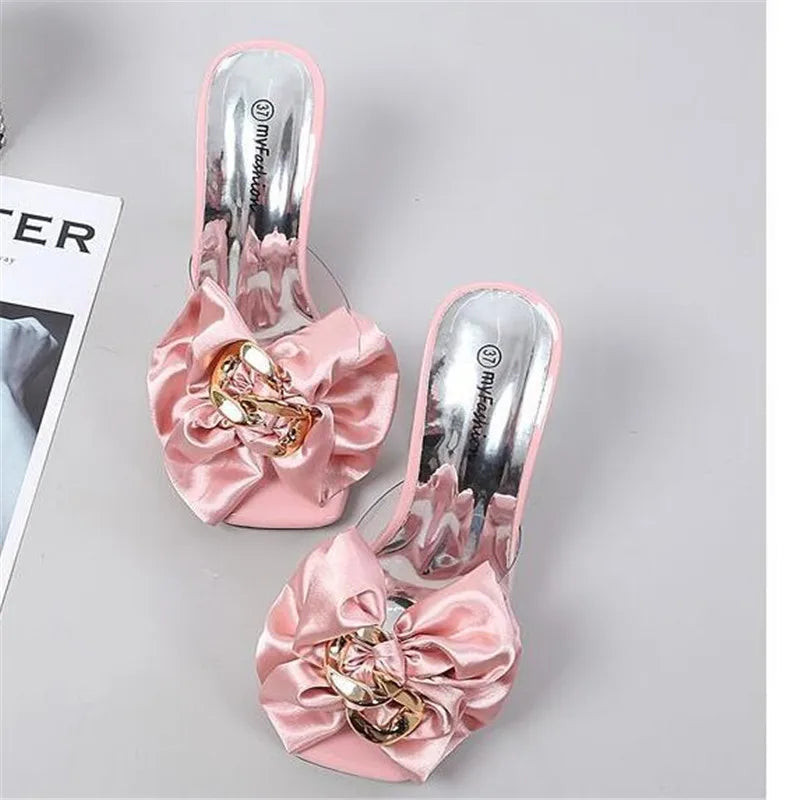Pink Butterfly-Knot Clear Heels - Transparent Sandals for Women