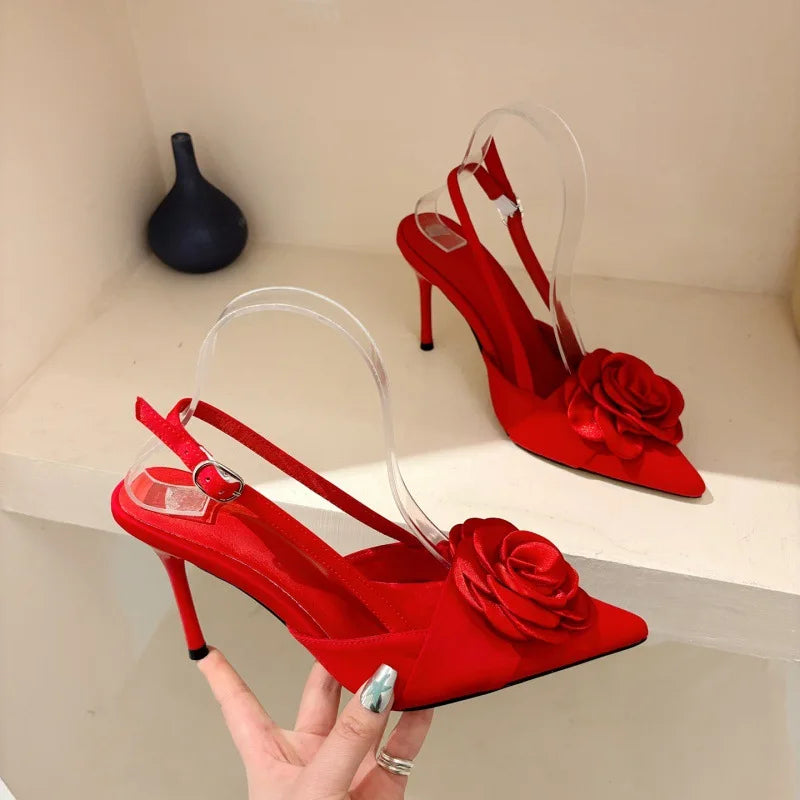 Silk Floral Slingback Pumps - Pointed Toe High Heels