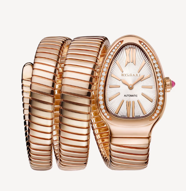 Bulgari Serpenti 35mm Tubogas 18k Rose Gold Diamonds Silver Dial