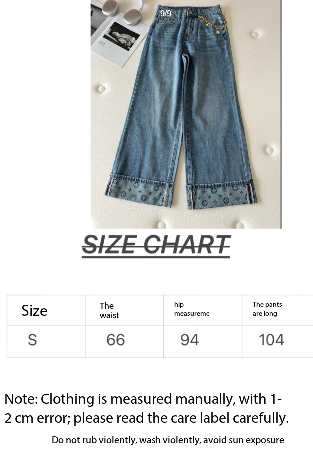 LV Wide-Leg Monogram Cuffed Jeans Light Blue Cotton Denim 351175