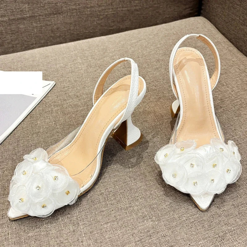 Eilyken Floral PVC Slingbacks - Pointed Toe Crystal Heels