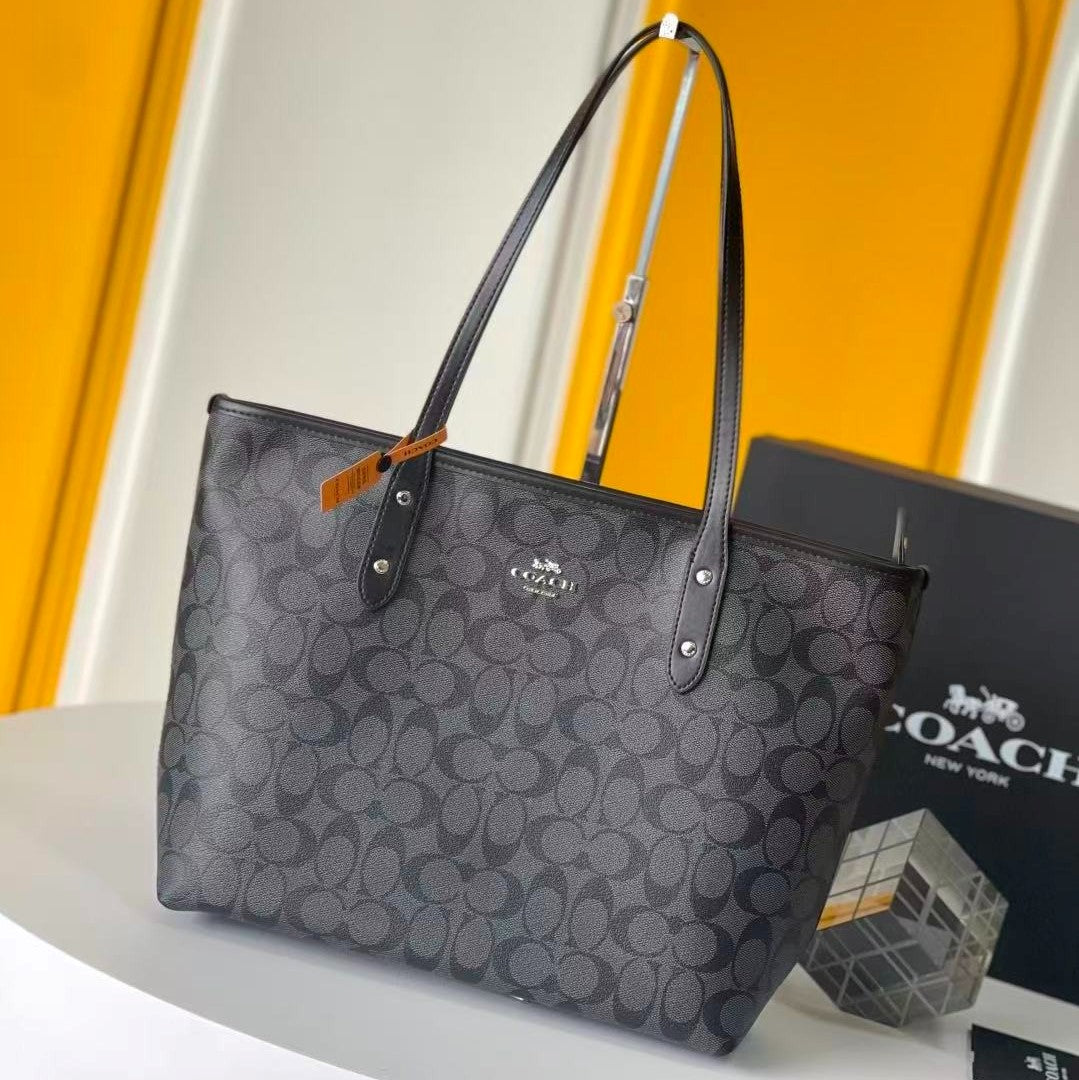 Coach Coach Signature City Tote Bag Black Coated Canvas