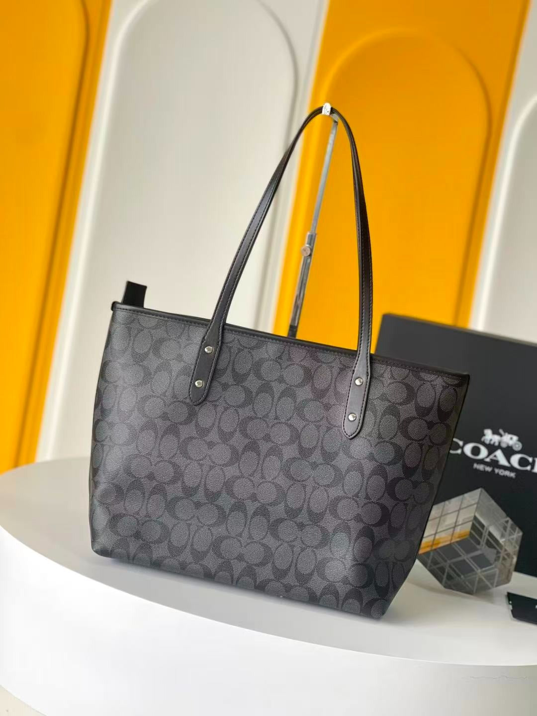 Coach Coach Signature City Tote Bag Black Coated Canvas