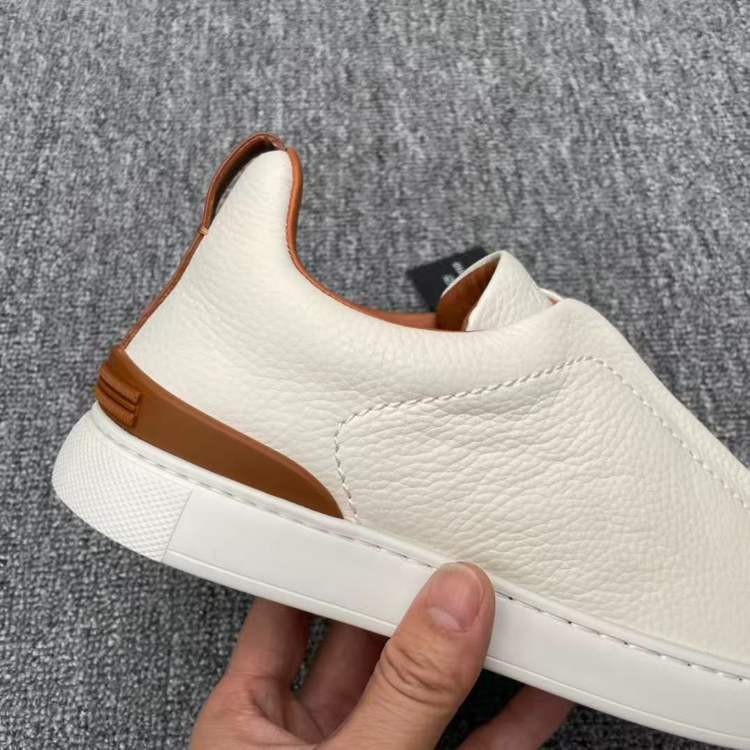 Zegna Triple Stitch Sneakers White Off-White Grained Leather