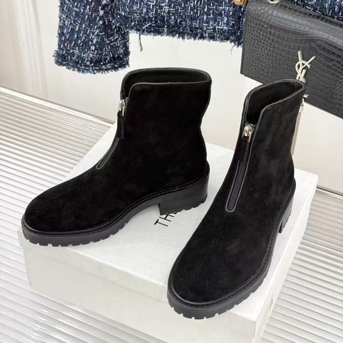 TR 2026 Hike Front-Zip Suede Ankle Boots Black Suede