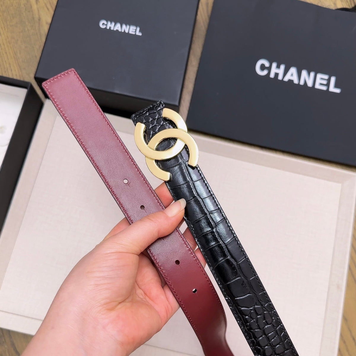 Chanel 2026 Crocodile Embossed Belt 30mm Leather 218762