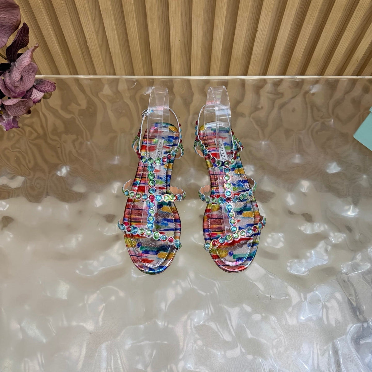 Aquazzura 26s Flat Sandals Multicolor Snakeskin Crystal Embellished 628314