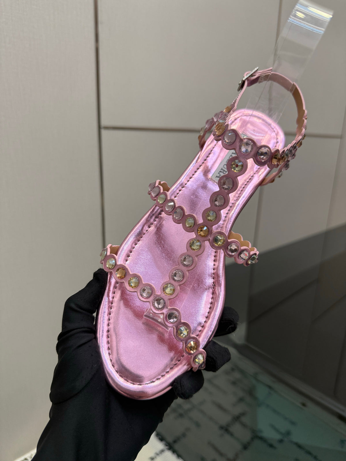 Aquazzura 26s Flat Sandals Metallic Pink Lambskin Crystal-Embellished 305824