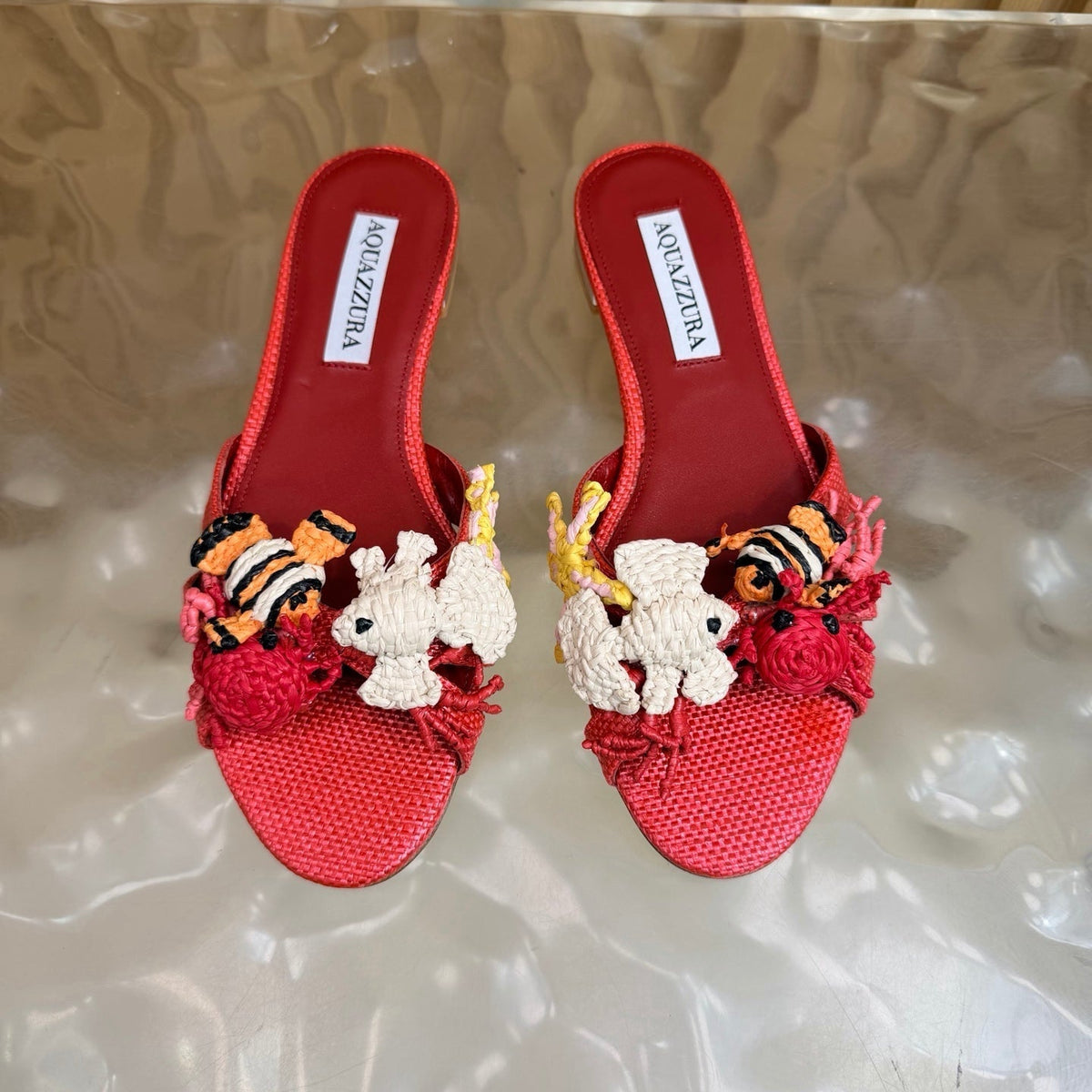Aquazzura 26s Sandals Red Canvas With Crochet Appliques 741953