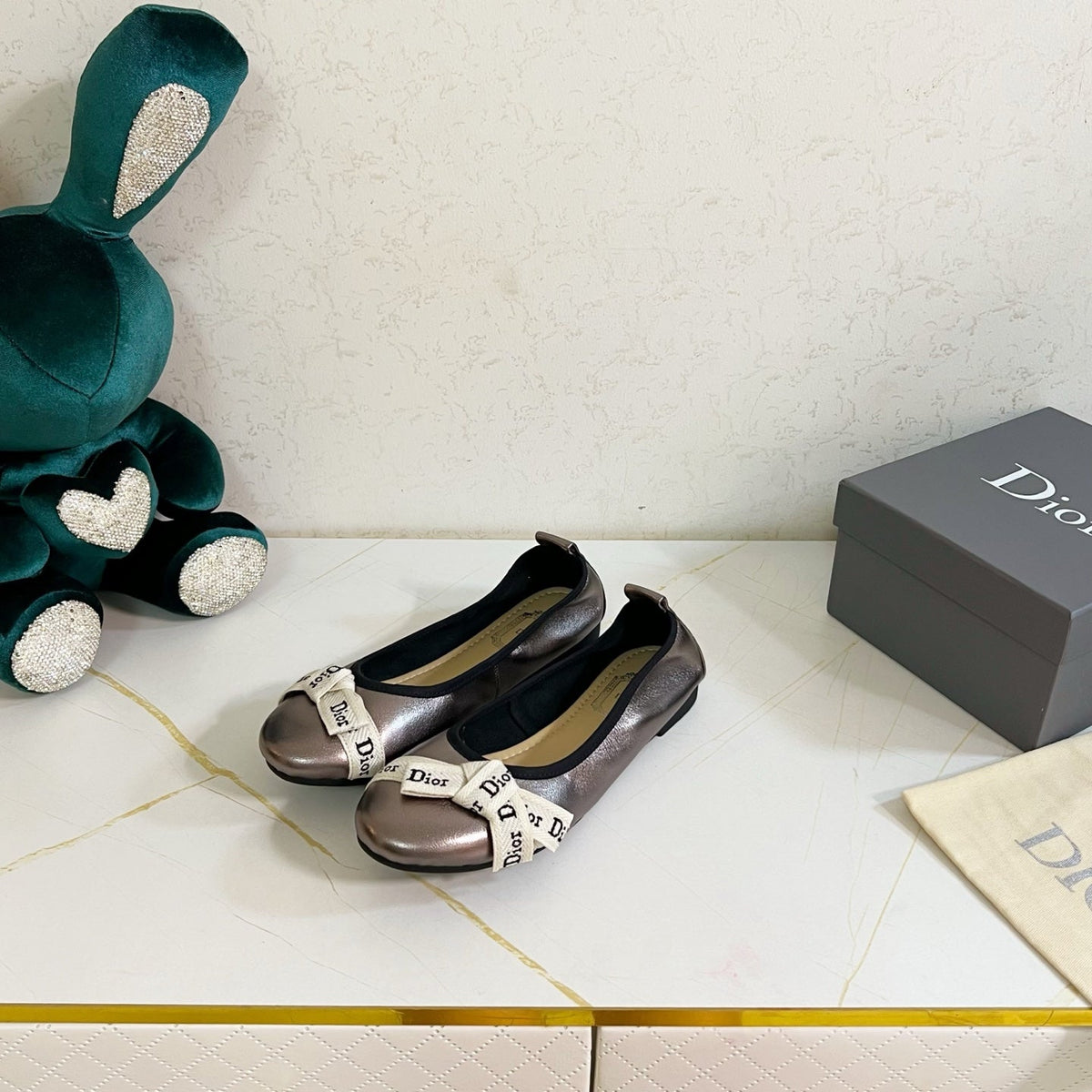 Dior 26s Bow Ballet Flats Taupe Metallic Calfskin