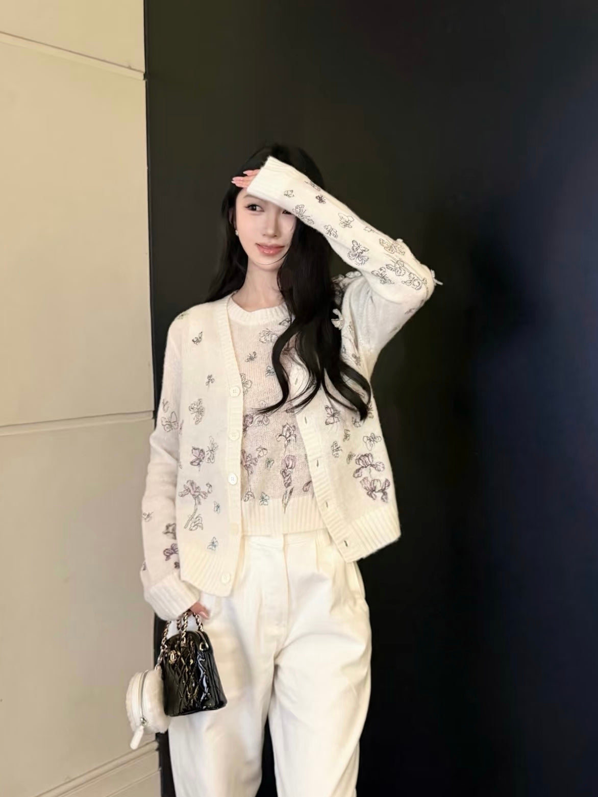 CD Butterfly Embroidered Cardigan White Alpaca Wool Cashmere 345330