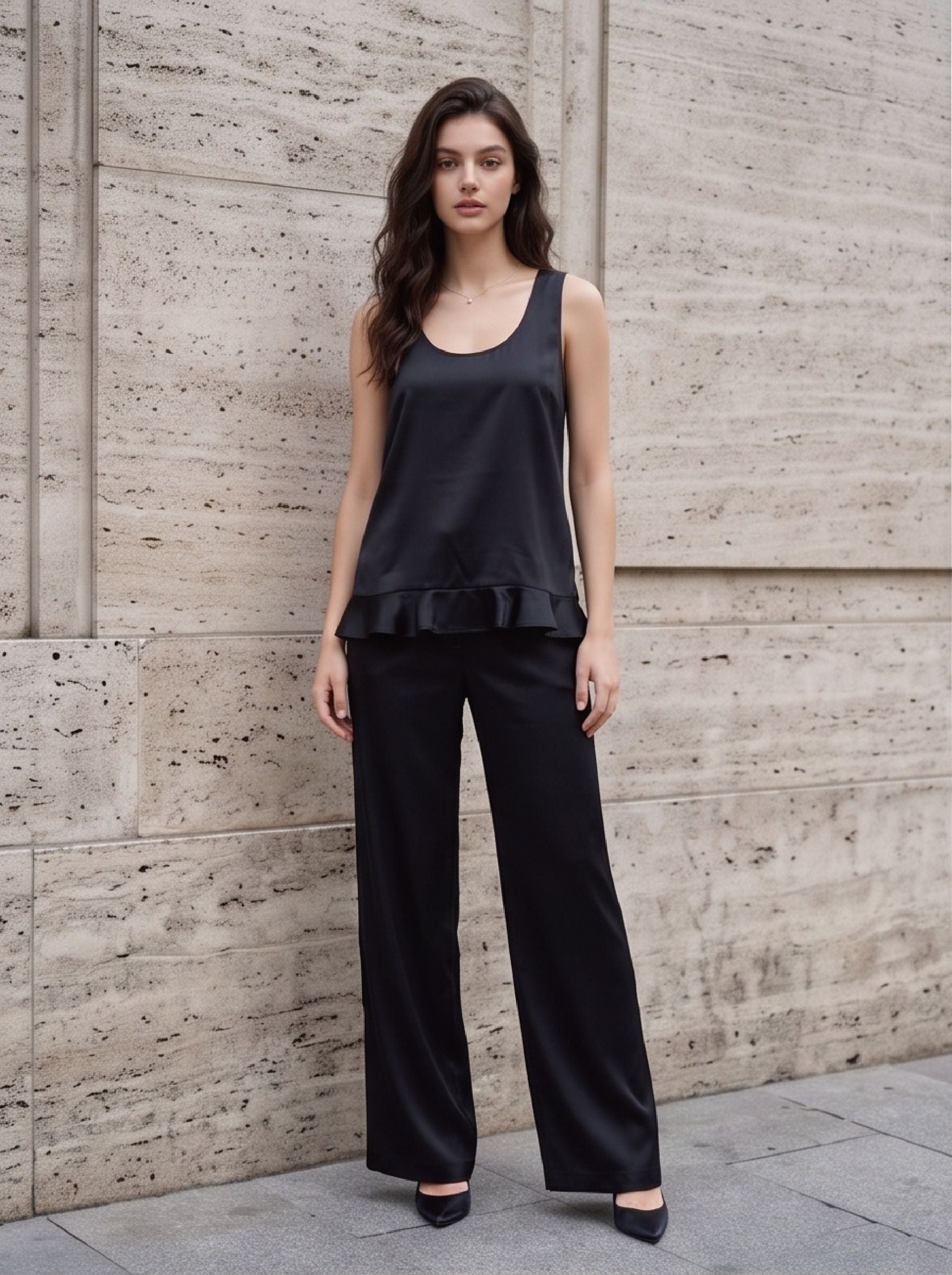 CC 26s Ruffled Acetate Sleeveless Vest Black Silk 408688