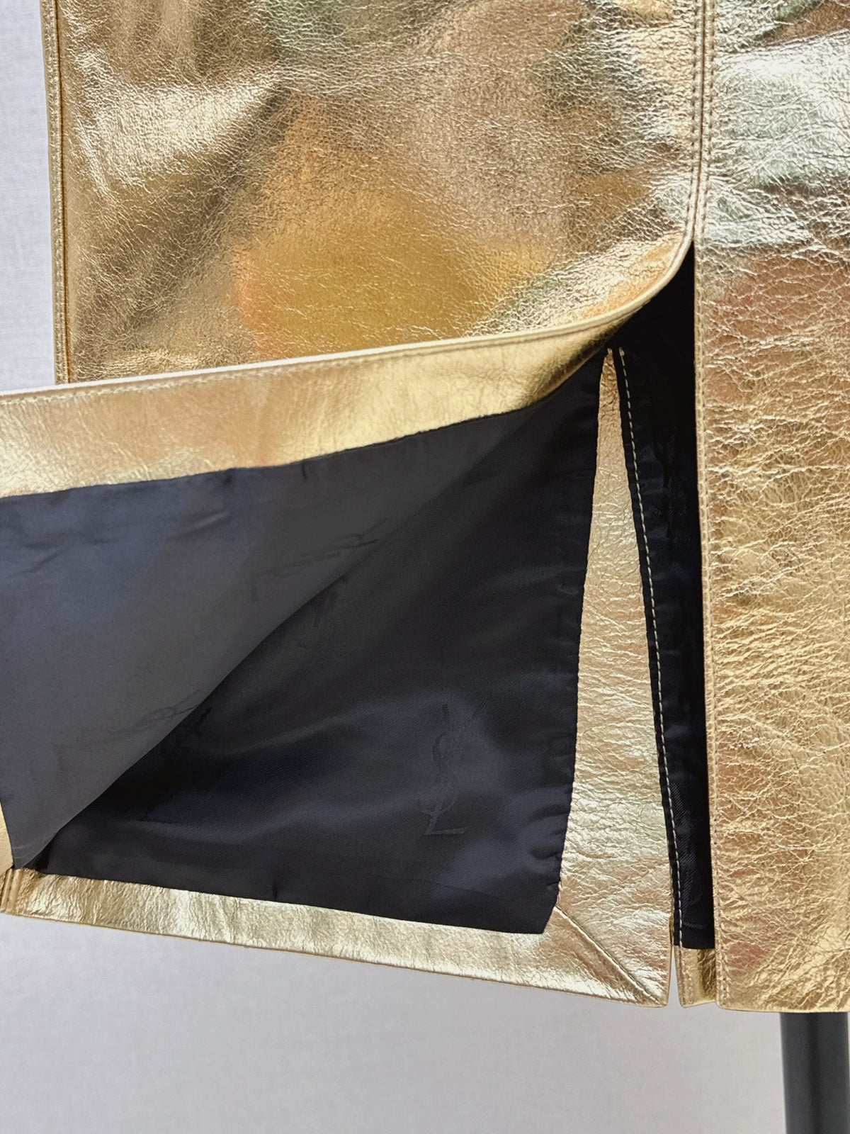 YSL Crinkled Midi Skirt Metallic Gold Leather