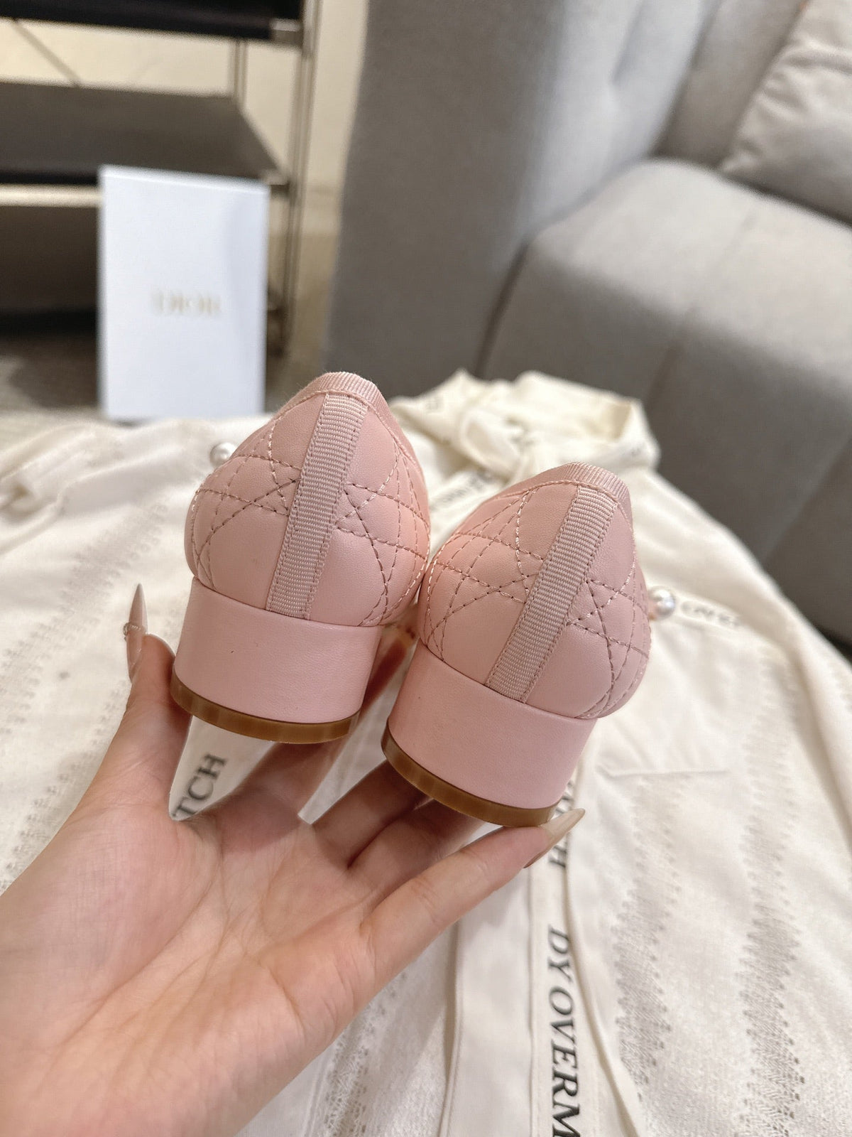 Dior 26s Mary Jane Pumps Light Pink Lambskin Pearl-Adorned Strap