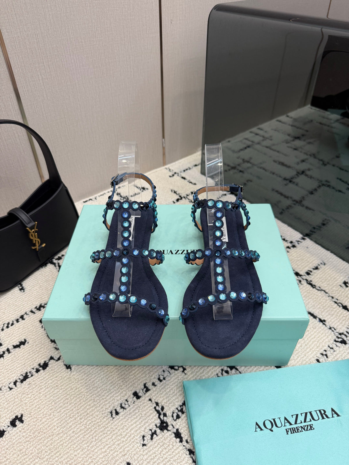 Aquazzura 26s Flat Sandals Navy Blue Suede Crystal-Embellished 610482