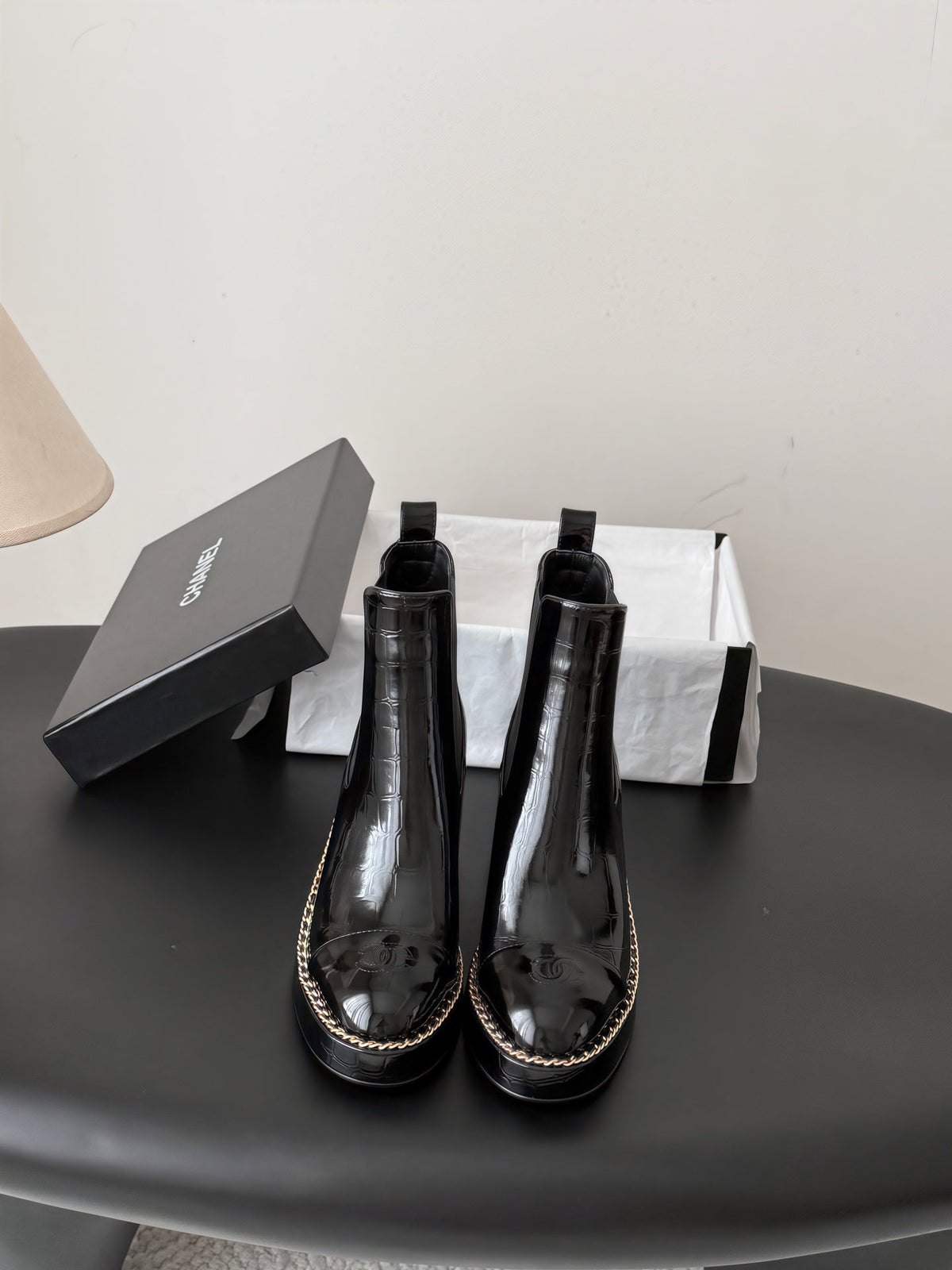 Chanel 26s Chelsea Ankle Boots 7 Cm Black Embossed Patent