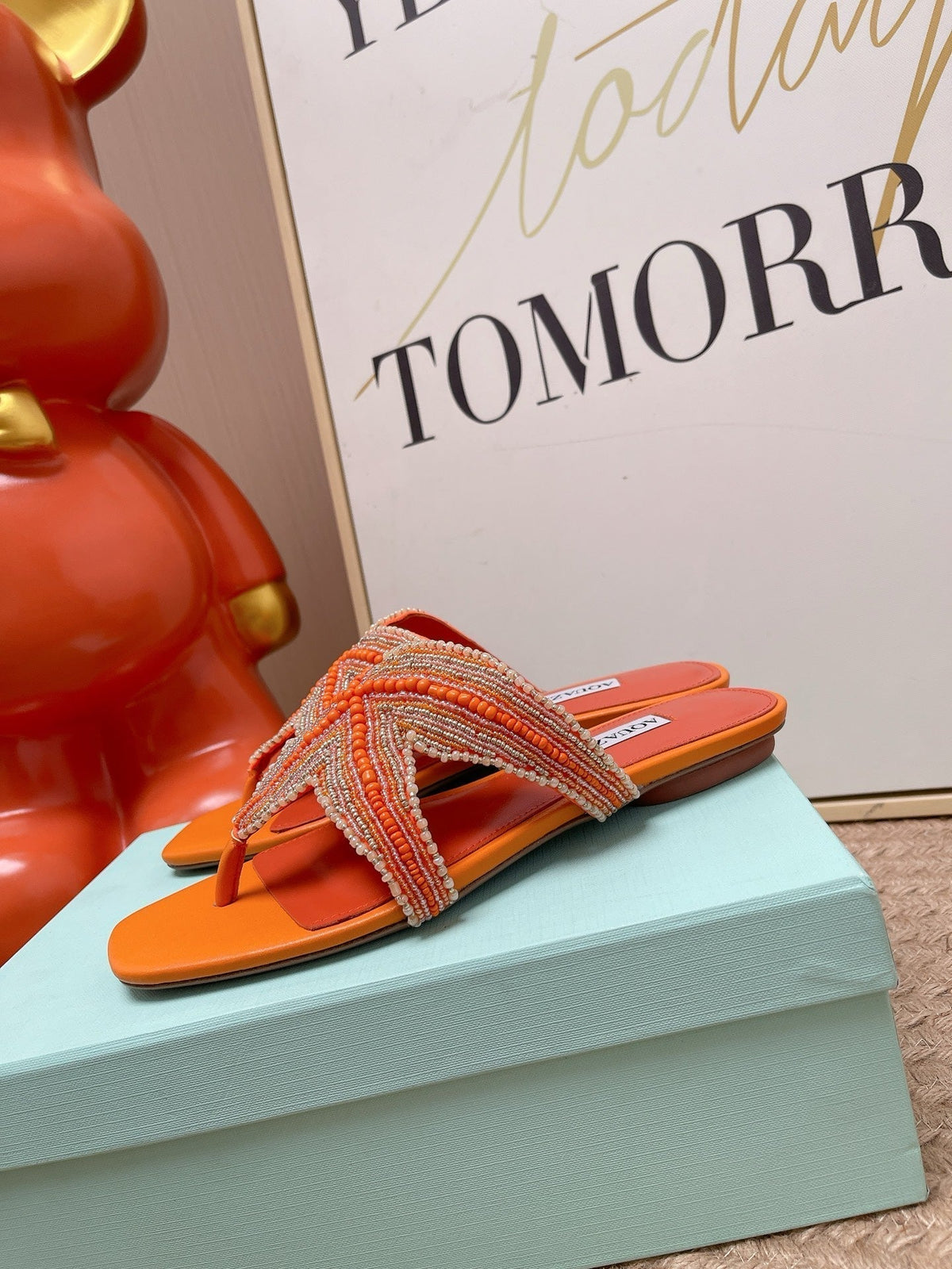 Aquazzura 26s Starfish Beaded Thong Sandals Orange Lambskin 502934