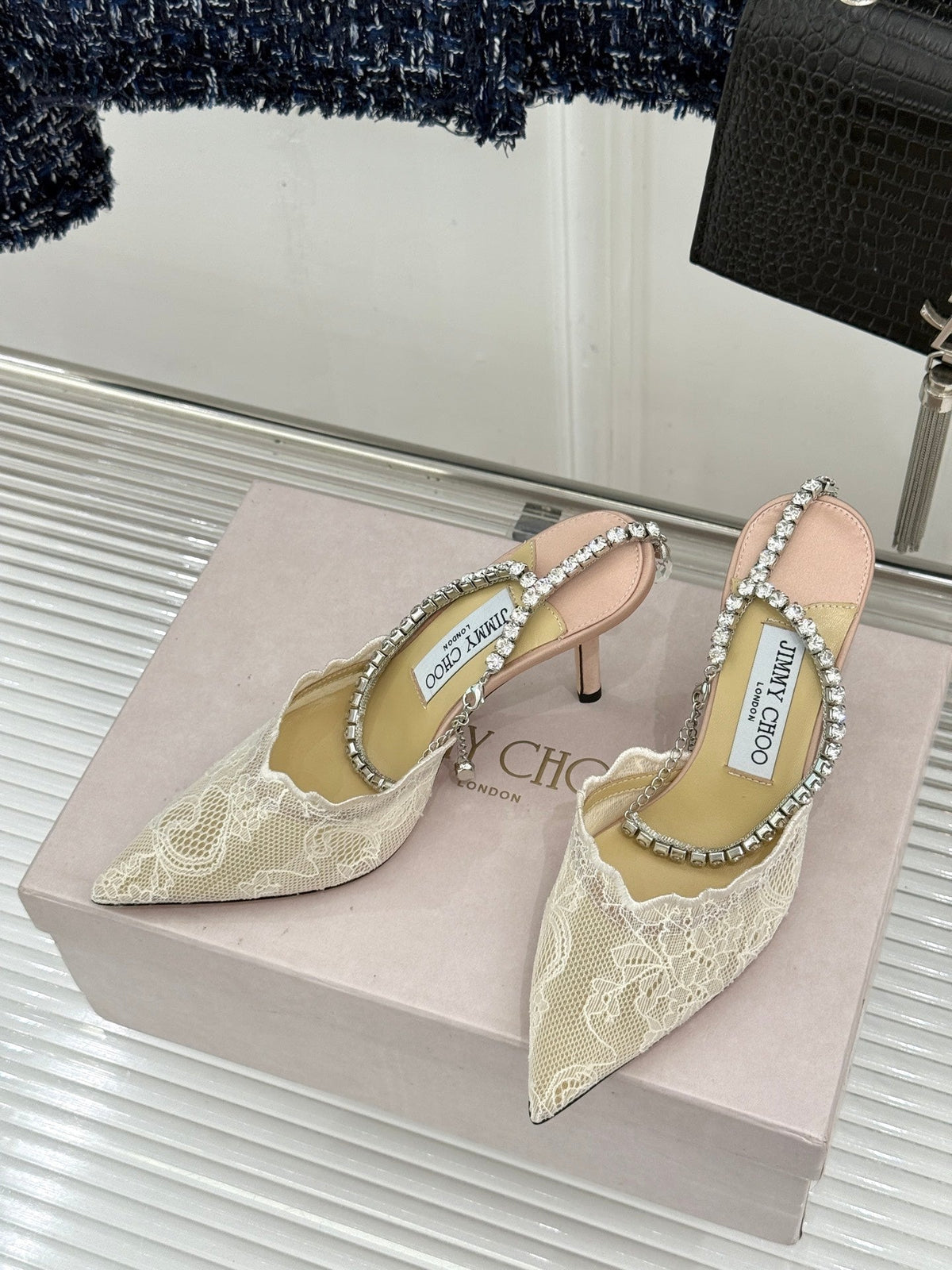 Jimmy Choo 26S Embellished High-Heeled Sandals 8.5cm Cream White Lace 639148