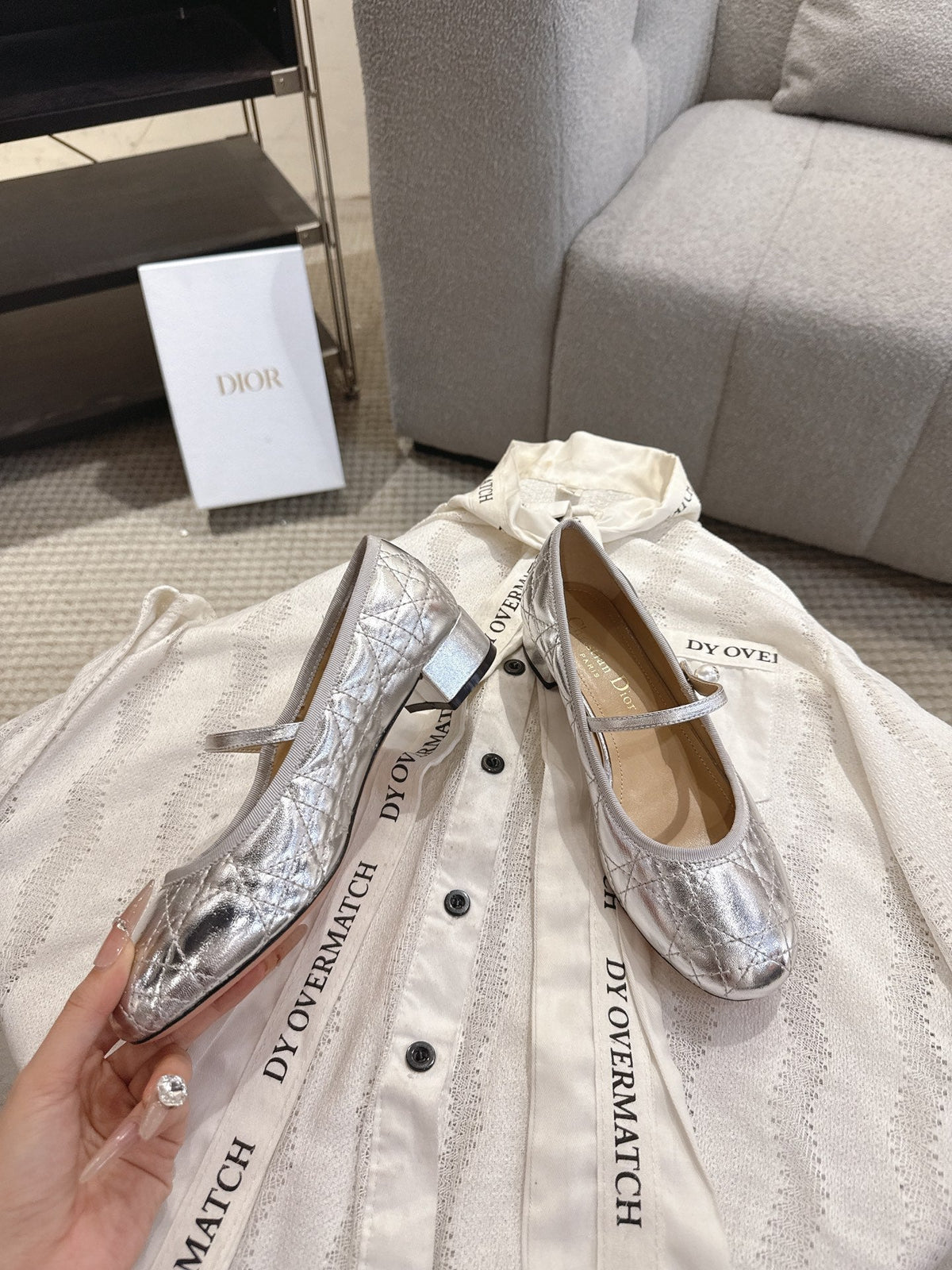Dior 26s Mary Jane Pumps Silver Lambskin Pearl-Adorned Strap