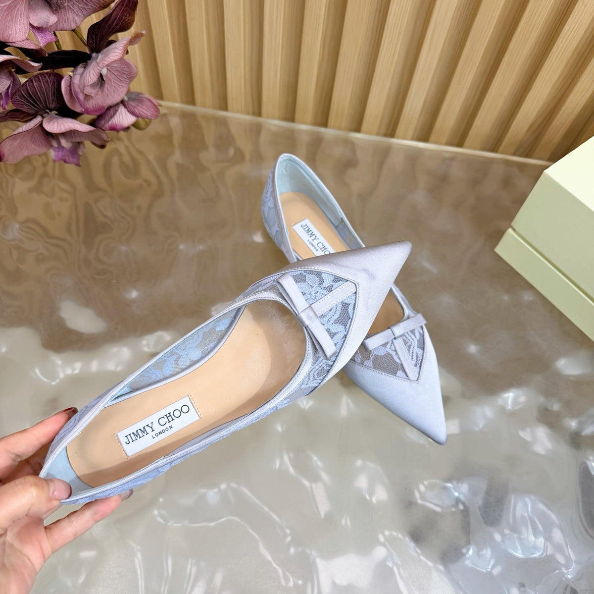 Jimmy Choo 26S Flats Pastel Blue Lace And Satin 418295