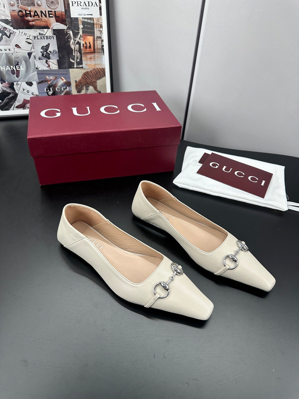 Gucci 26S Vittoria Ballerina Shoes In Cream White Calfskin