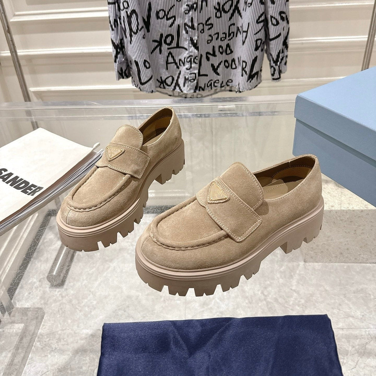 Prada 26S Platform Loafers 45mm Beige Suede