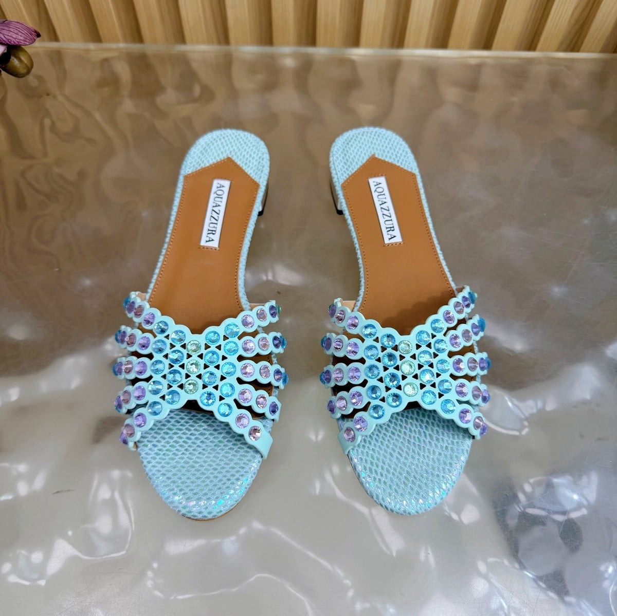 Aquazzura 26s Slides Light Blue Snakeskin Embossed Leather 482015