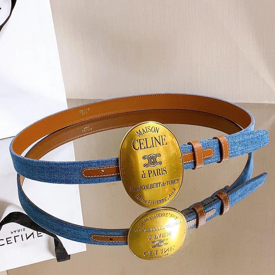 Celine 2026 Maison Oval Buckle Belt 25mm Blue Canvas Leather