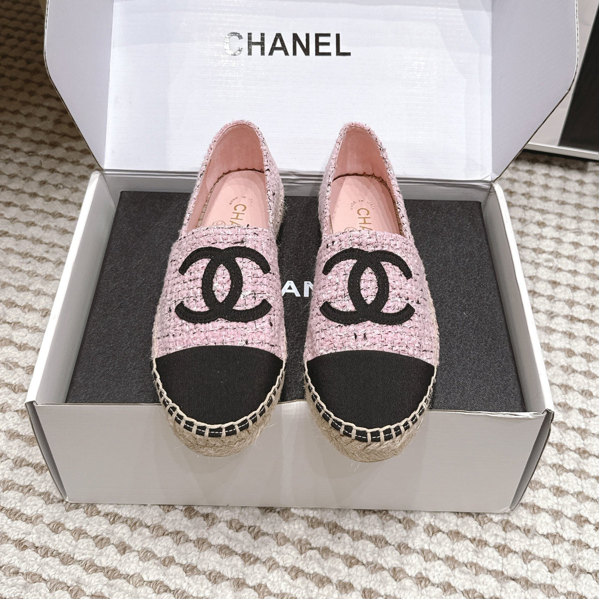 CC 26S Slip-Ons in Pink Mix Black Tweed and Patent Calfskin
