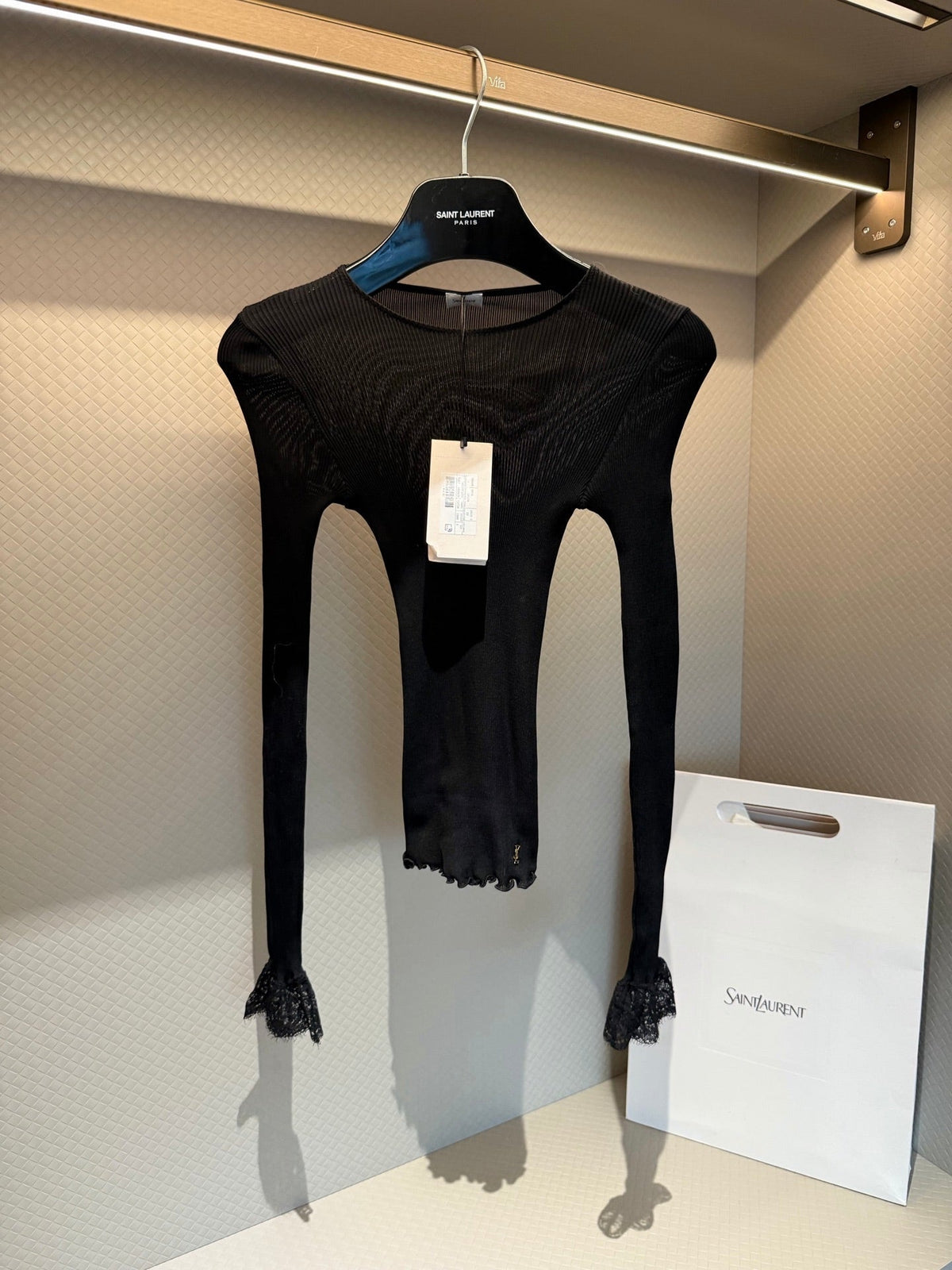 YSL Lace-Trimmed Ribbed-Knit Long-Sleeve Top Black Silk