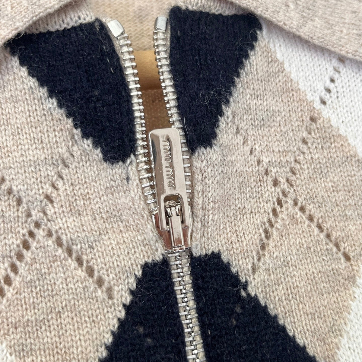 Miumiu 2026 Argyle Pattern Polo Sweater Beige Black Cashmere 435396