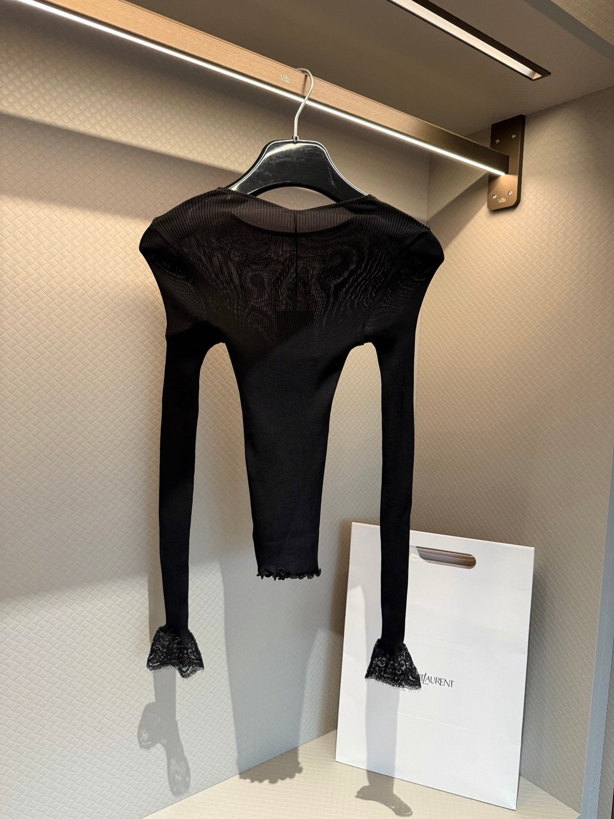 YSL Lace-Trimmed Ribbed-Knit Long-Sleeve Top Black Silk