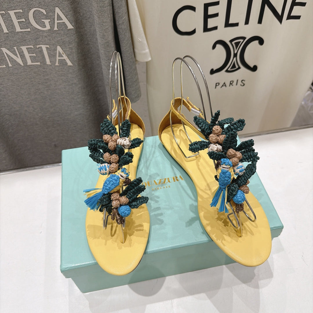 Aquazzura 26s Floral Applique Thong Sandals Yellow Calfskin 394821